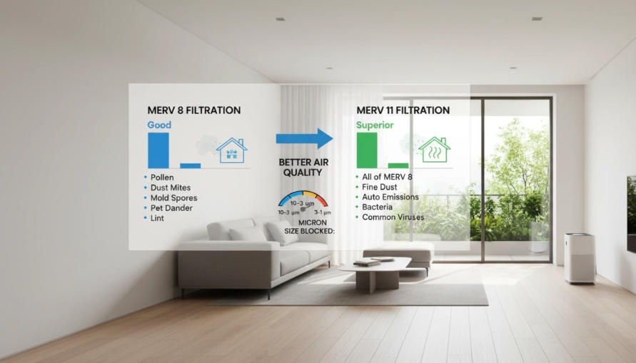 MERV 8 vs MERV 11 filtration comparison infographic