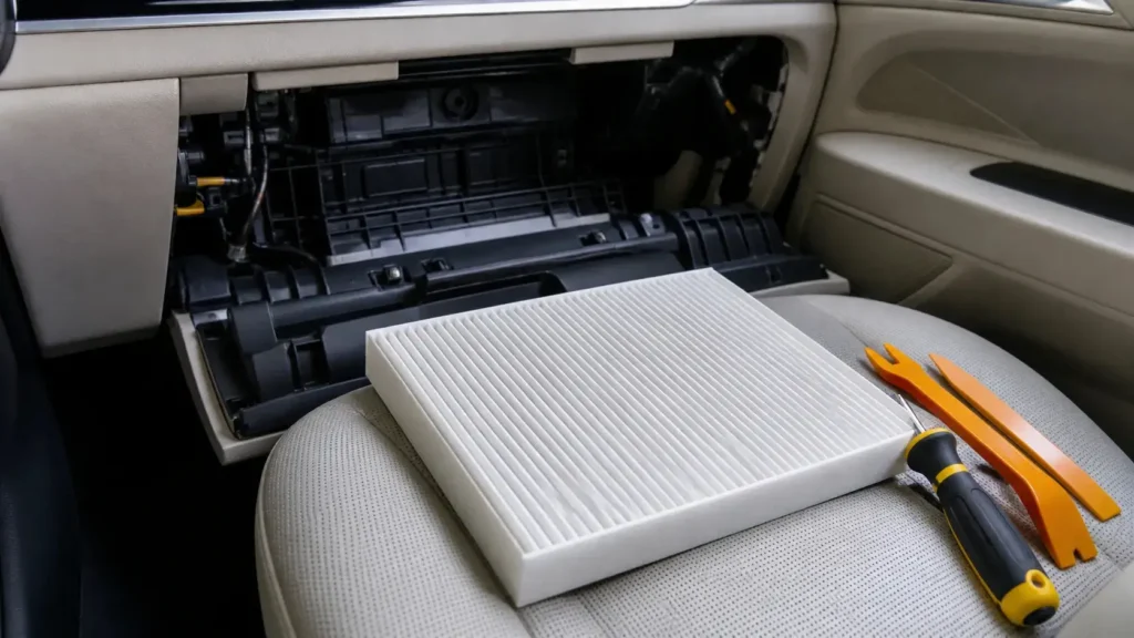 Cabin air filter replacement tools and new filter
